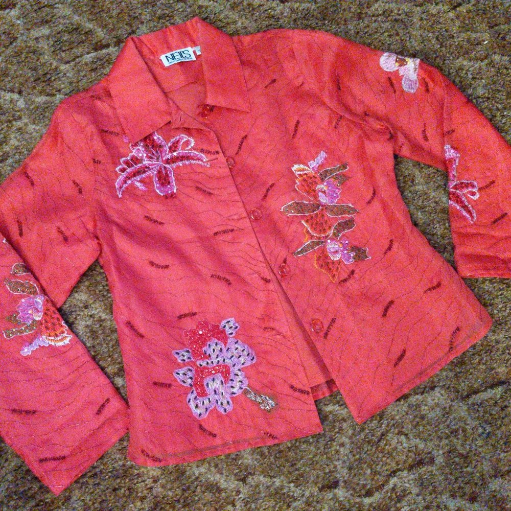 Neil's Red Silk Blazer jacket with Beaded Embroidery